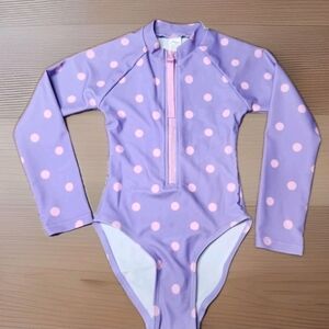 NWT Gottex Kids Purple Pink Polka Dot Zip Front Long Sleeve One Piece Swimsuit 3